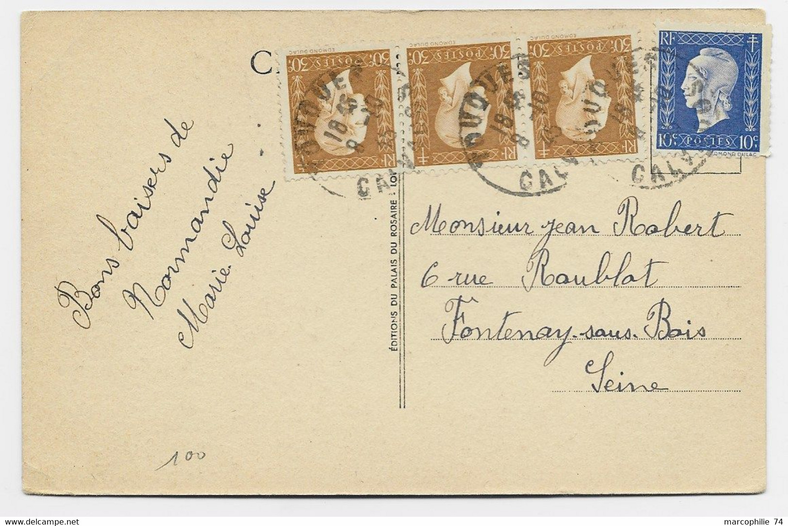 DULAC 30C BRUN BANDE DE 3+10C  CARTE 5 MOTS TOUQUES 8.10.1945    AU TARIF AFFR PEU COMMUN - 1944-45 Marianne Of Dulac