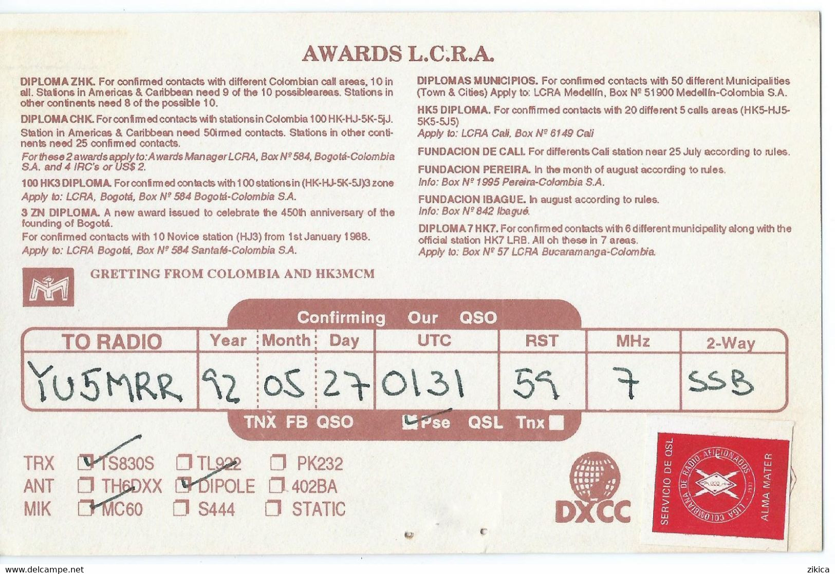 QSL Cards - Radio Amateur Colombia Bogota Via Yugoslavia 1992,motive Telegraph,télégraphe,Red Label QSL Stamp - Radio Amateur