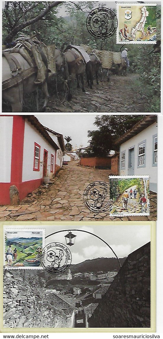 Brazil 2005 Complete Series With 3 Maximum Card Stamp Royal Road Map Path Drover Tourism Food Horse Mining Mule Bicycle - Maximum Cards