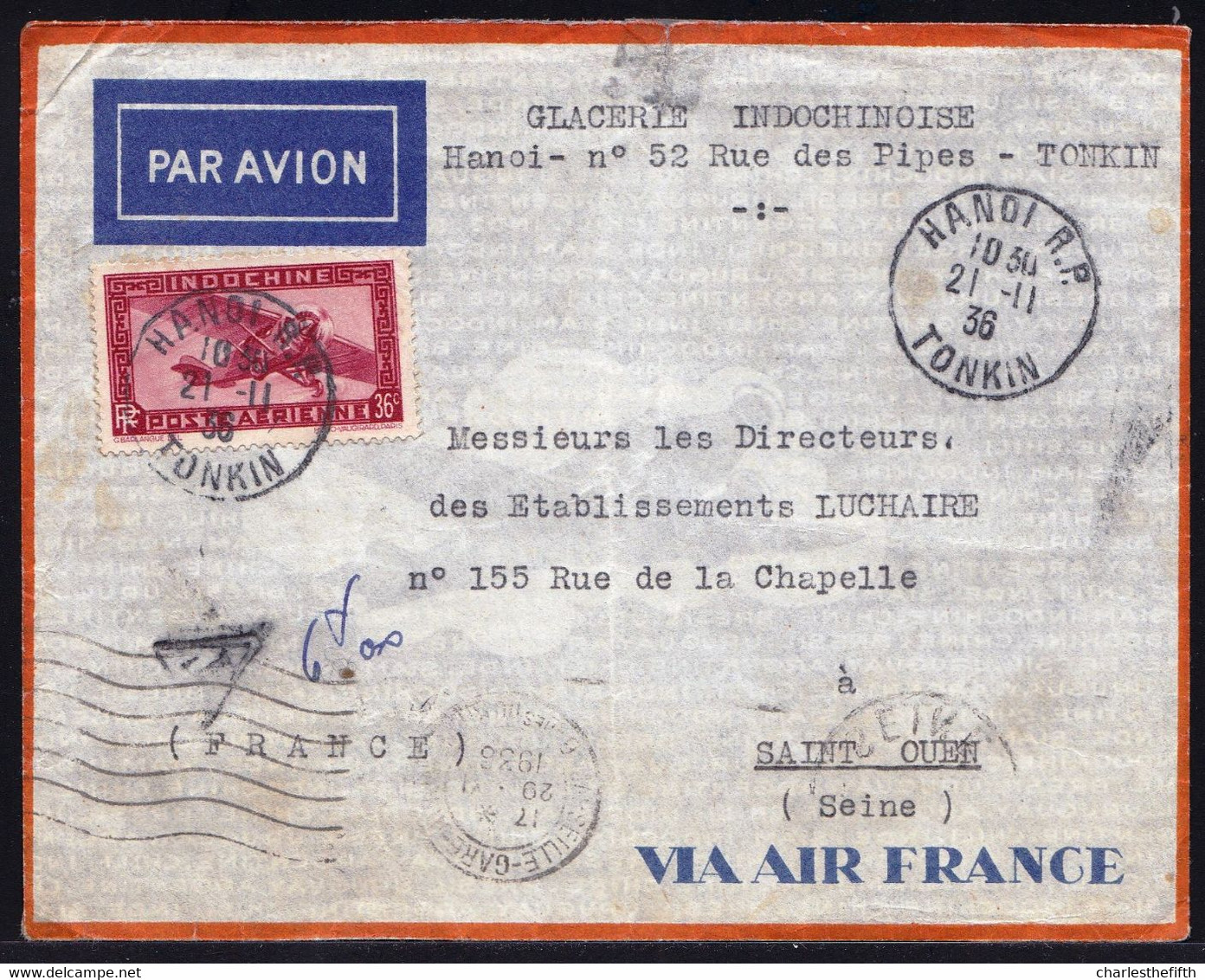 INDOCHINE - Enveloppe De La GLACERIE INDOCHINOISE à HANOI TONKIN PAR AVION Vers Ets. LUCHAIRE à SAINT OUEN FRANCE - Lettres & Documents