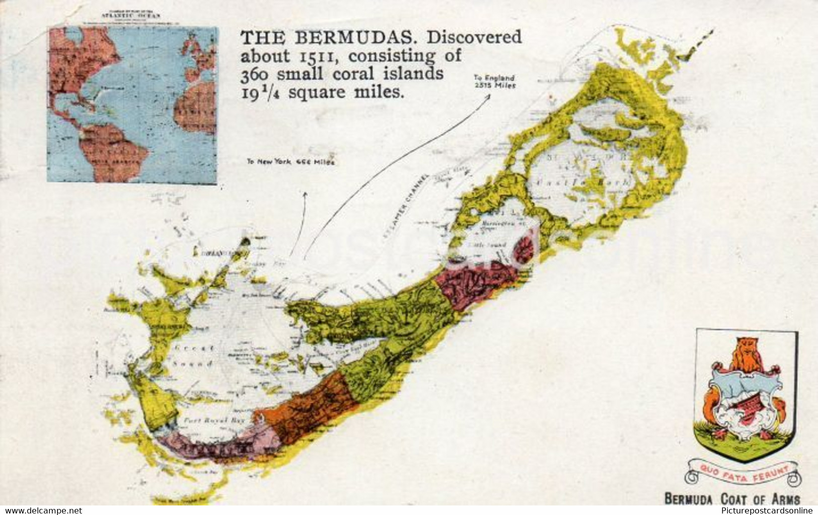 BERMUDA MAP POSTCARD WITH COAT OF ARMS OLD COLOUR POSTCARD USED 1936 - Bermuda