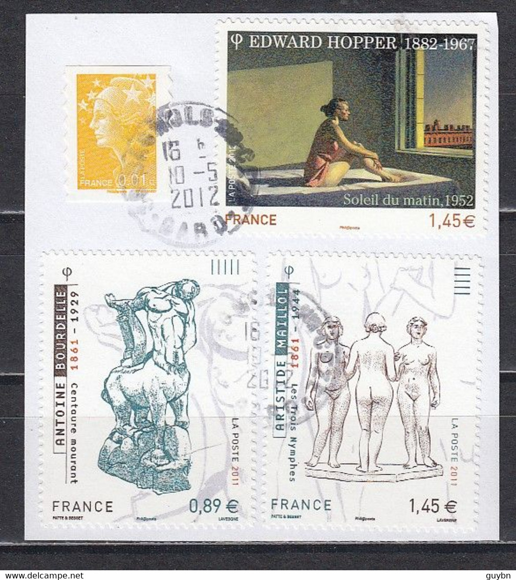 < France Adhésif AA 661 / 634 / 661A Dentelés 11  .oblitérés Sur Fragment. Bourdelle, Maillol, Hopper - Sonstige & Ohne Zuordnung