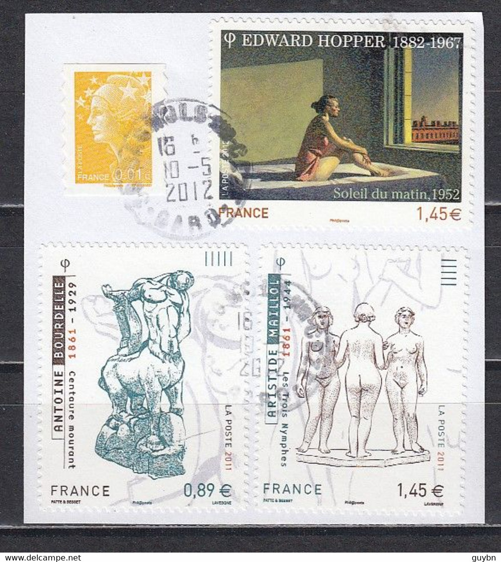 < France Adhésif AA 661 / 634 / 661A Dentelés 11  .oblitérés Sur Fragment. Bourdelle, Maillol, Hopper - Other & Unclassified