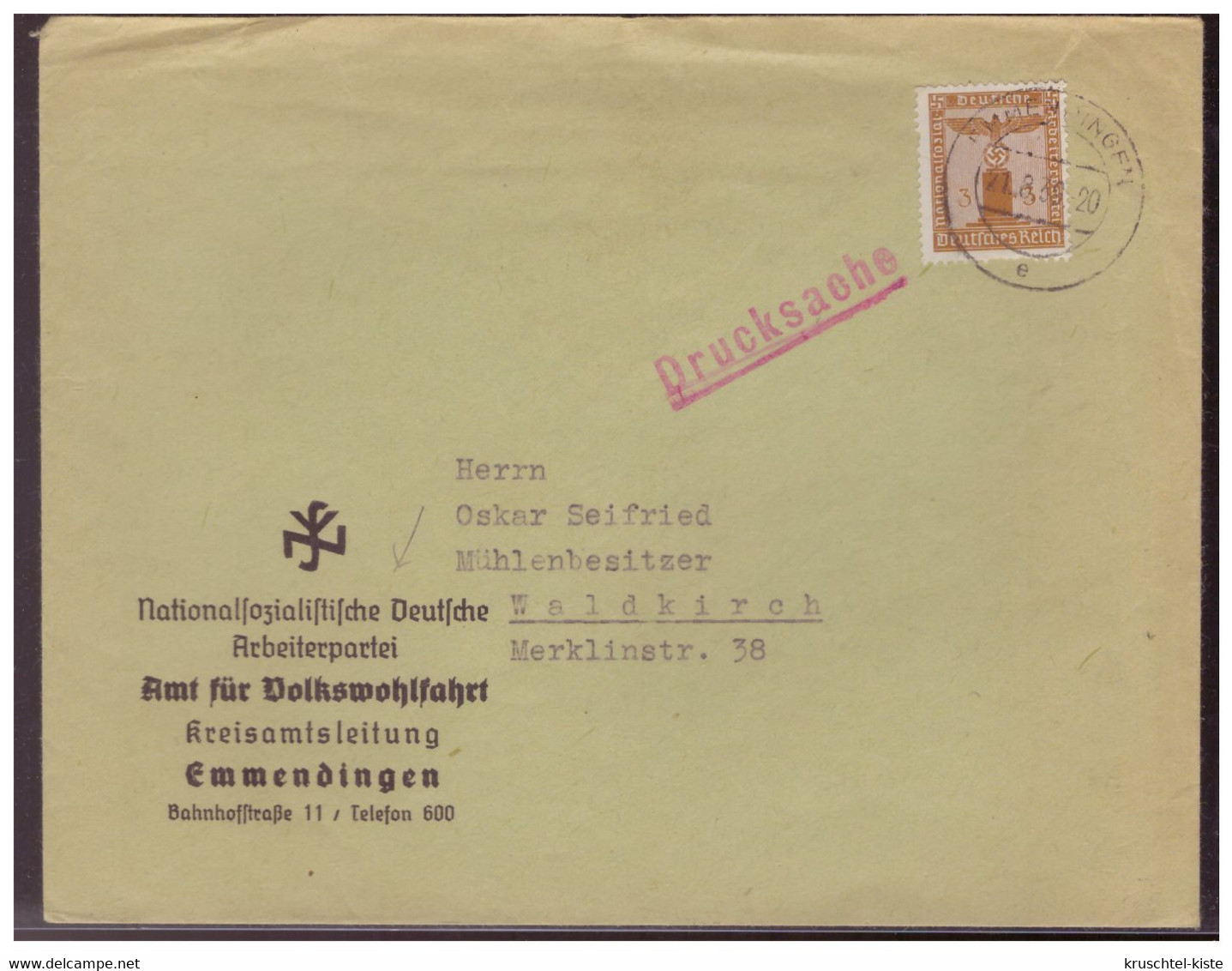Dt-Reich (005549) Propaganda Vorgedrucker Brief NSDAP Amt Für Volkwohlfahrt Kreisamtsleitung Emmendinger Gelaufen 21.8. - Storia Postale