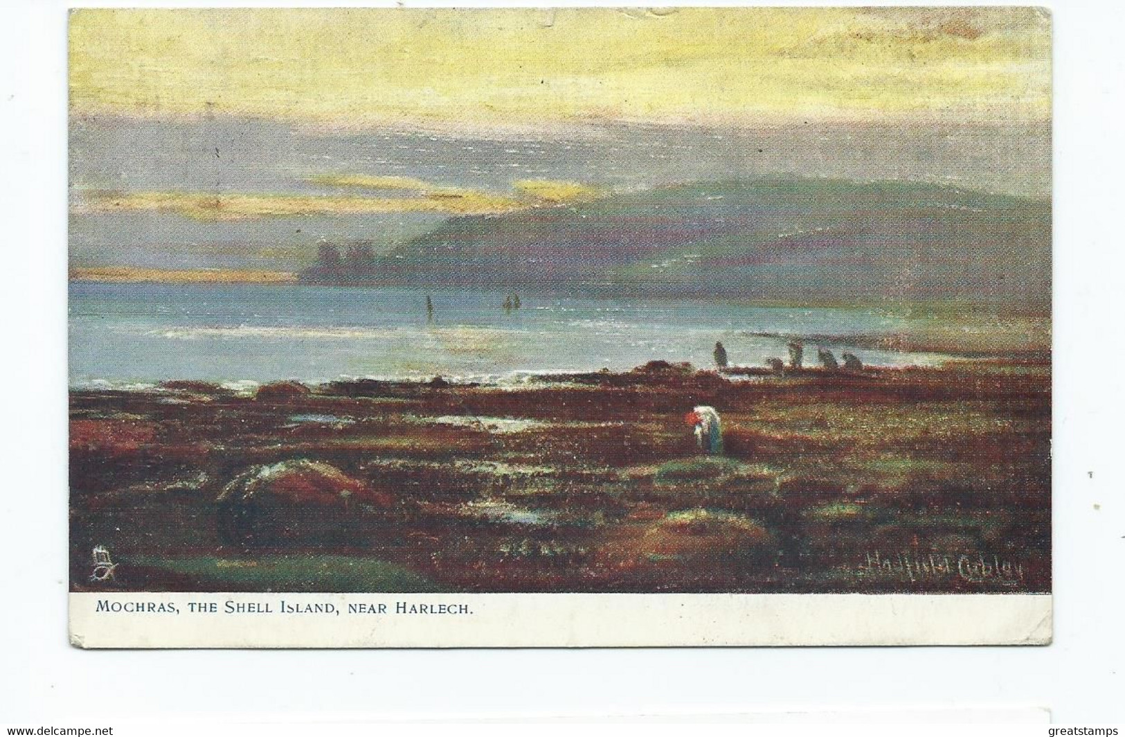 Wales Mochras The Shell Island Nr. Harlech Artist Signed Postcard Hadfield Cubley Posted 1905 - Merionethshire