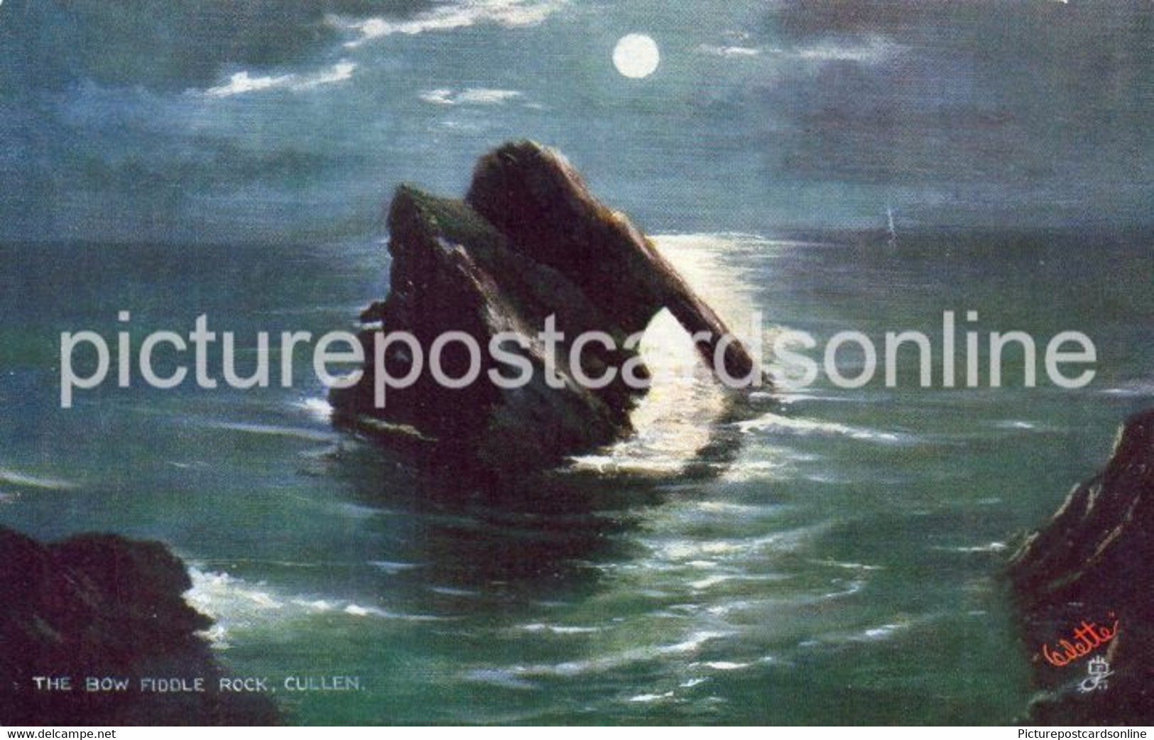 THE BOW FIDDLE ROCK CULLEN SCOTLAND OLD COLOUR POSTCARD TUCK OILETTE MOONLIT SEAS NO 6693 - Banffshire