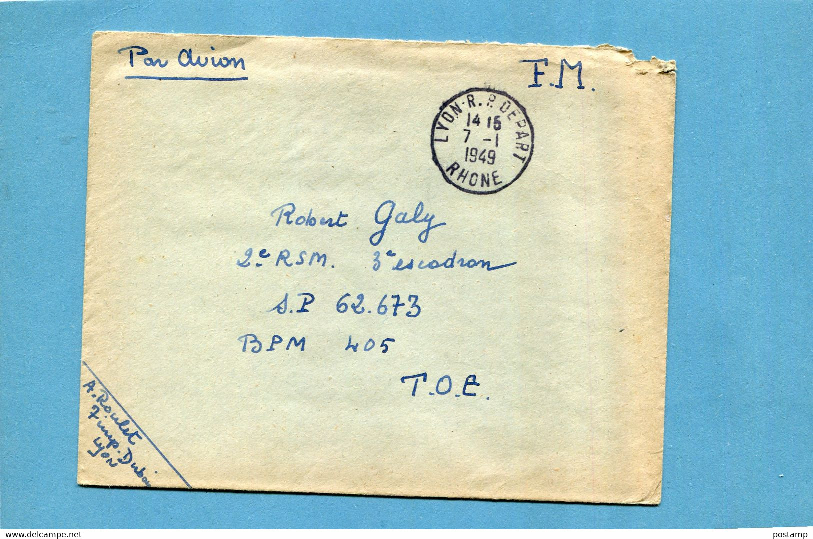 Marcophilie-guerre -indochine-Lettre En FM  Cad Lyon 1949 Pour T O E SP  62673 BPM 405 - Guerra De Indochina/Vietnam