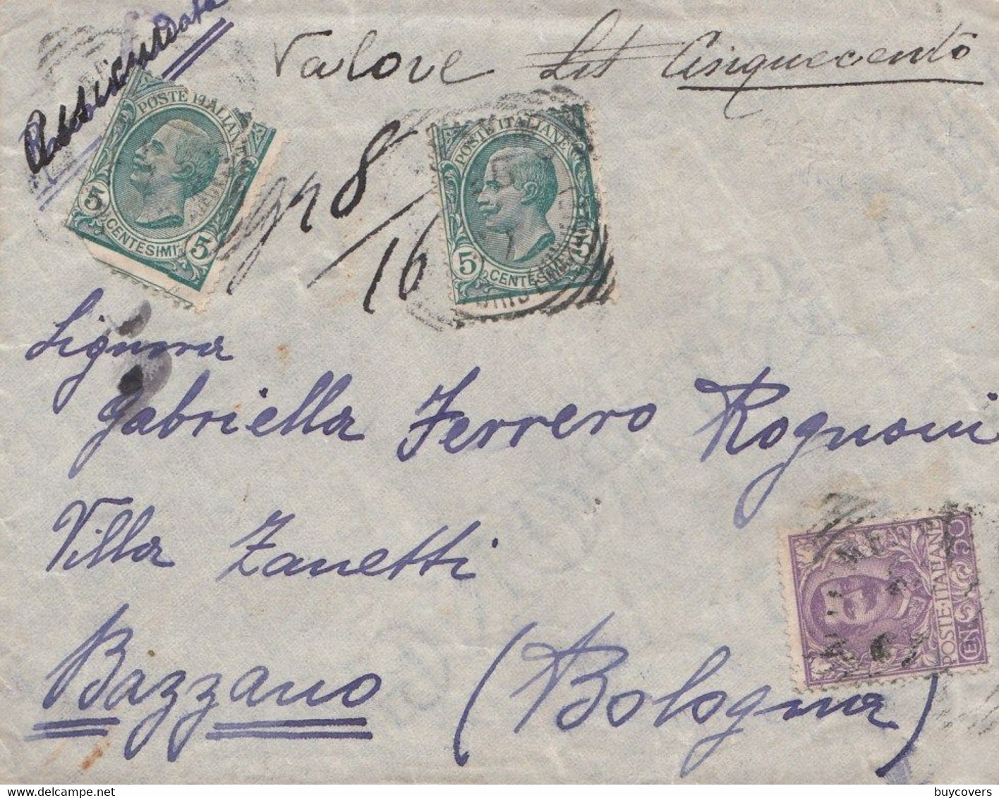 833 - REGNO - Busta Assicurata Con Testo Del 1907 Da Messina A Bazzano Con Cent 5 + 5 Verde (Leoni) + Cent 50 Violetto - Asegurados