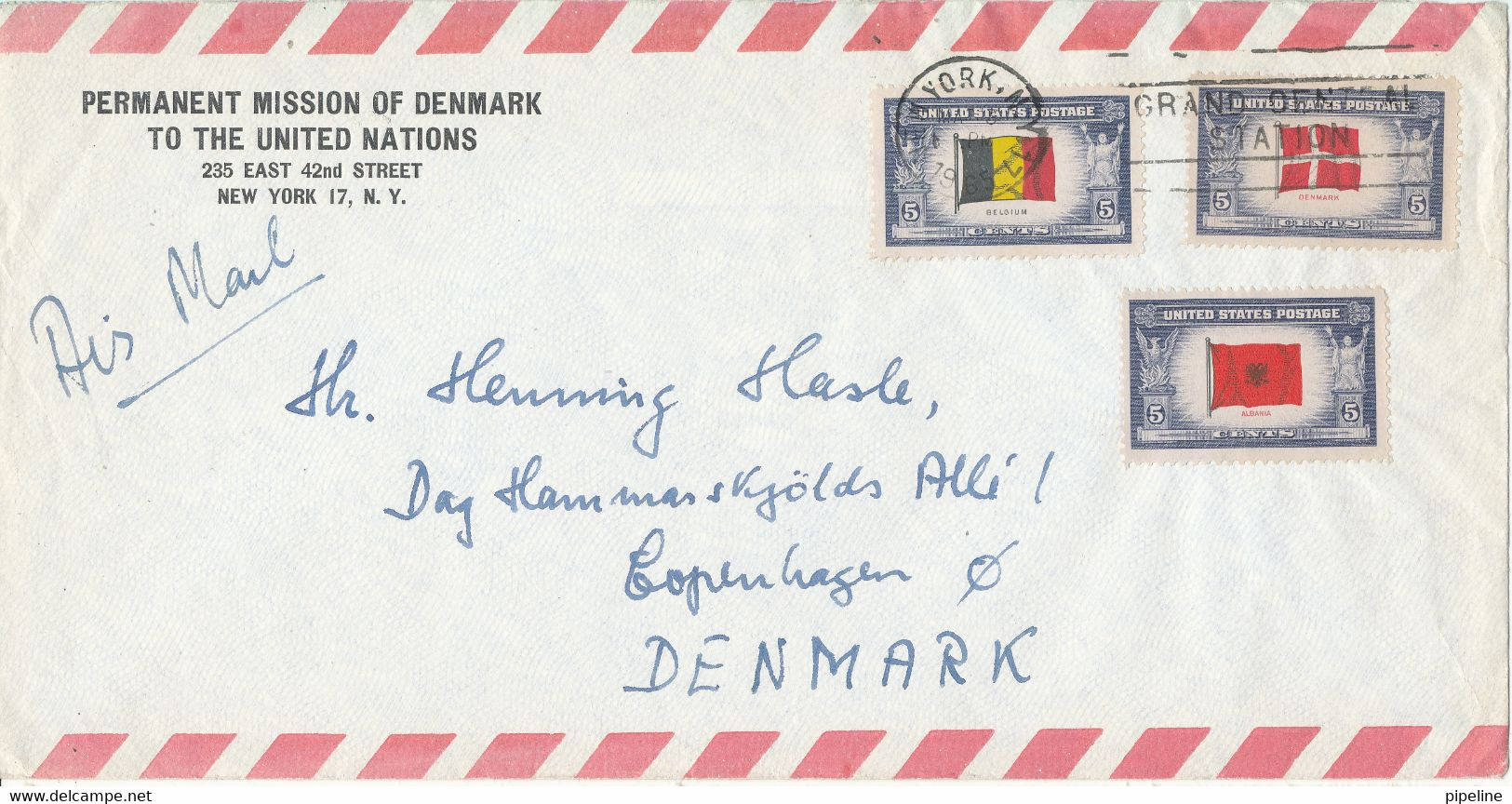 USA Air Mail Cover Sent To Denmark With Overrun Countries Stamps Belgium, Norway And Albania Flags - 3c. 1961-... Covers