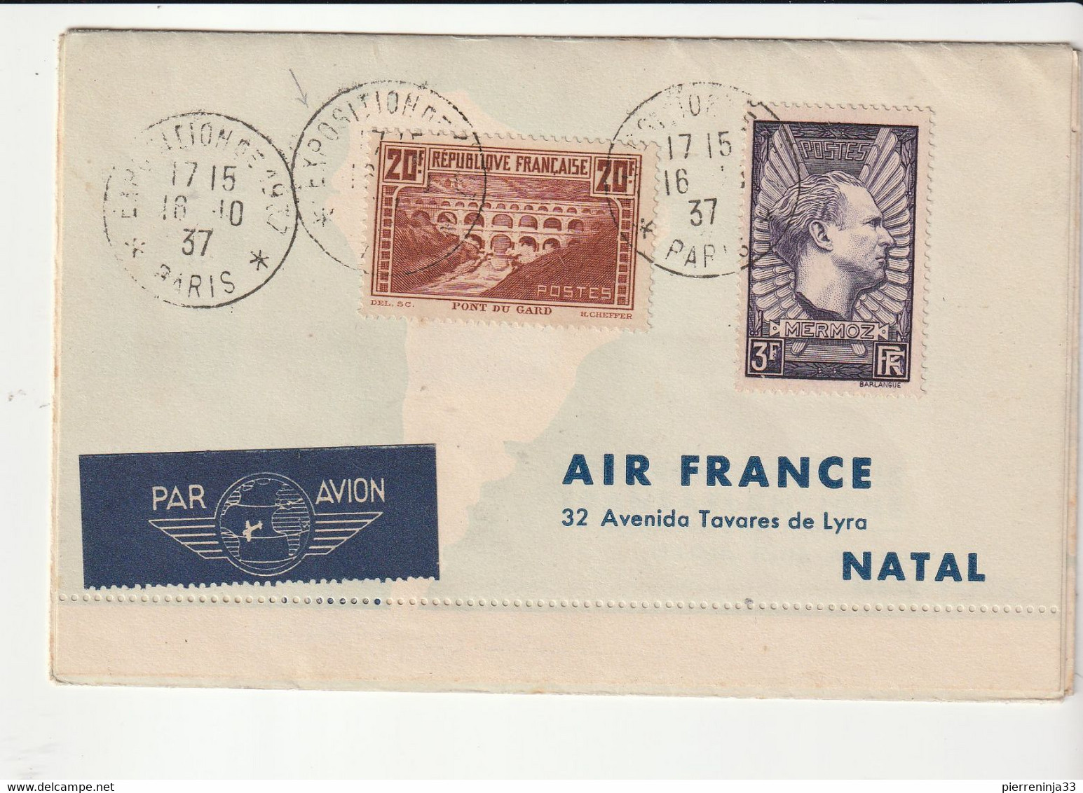 Lettre Air France 4 Volets Exposition Paris 1937 Avec "Pont Du Gard+Mermoz", Timbres Hong-Kong/Brésil/USA, Par Avion - Covers & Documents