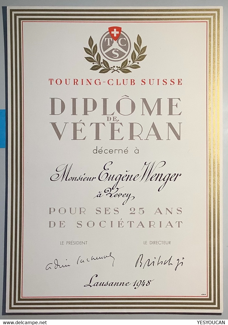 Touring-club Suisse Diplôme De Vétéran Lausanne 1948: Eugéne Wenger Vevey(TCS Schweiz Vernier Automobile Genéve VD ADAC - Diplômes & Bulletins Scolaires