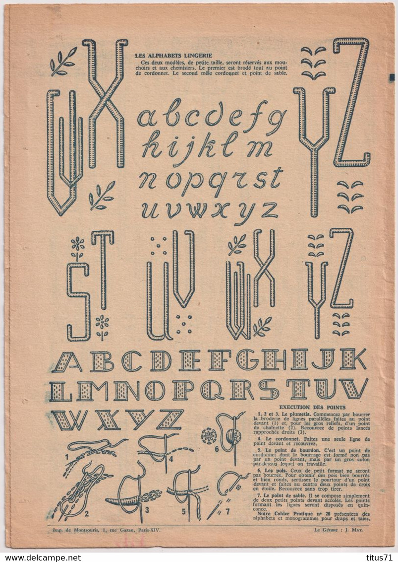 Cahier Pratique Broderie - Alphabet Et Monogrammes Pour Lingerie Nappes Et Serviettes - 4 Pages A4 Recto-verso - Autres Plans