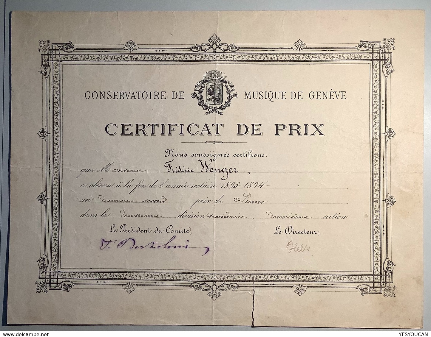 CONSERVATOIRE DE MUSIQUE DE GENÈVE Certificat De Prix 1894: Wenger(Schweiz Suisse Music Diploma Piano F. Liszt - Diplome Und Schulzeugnisse