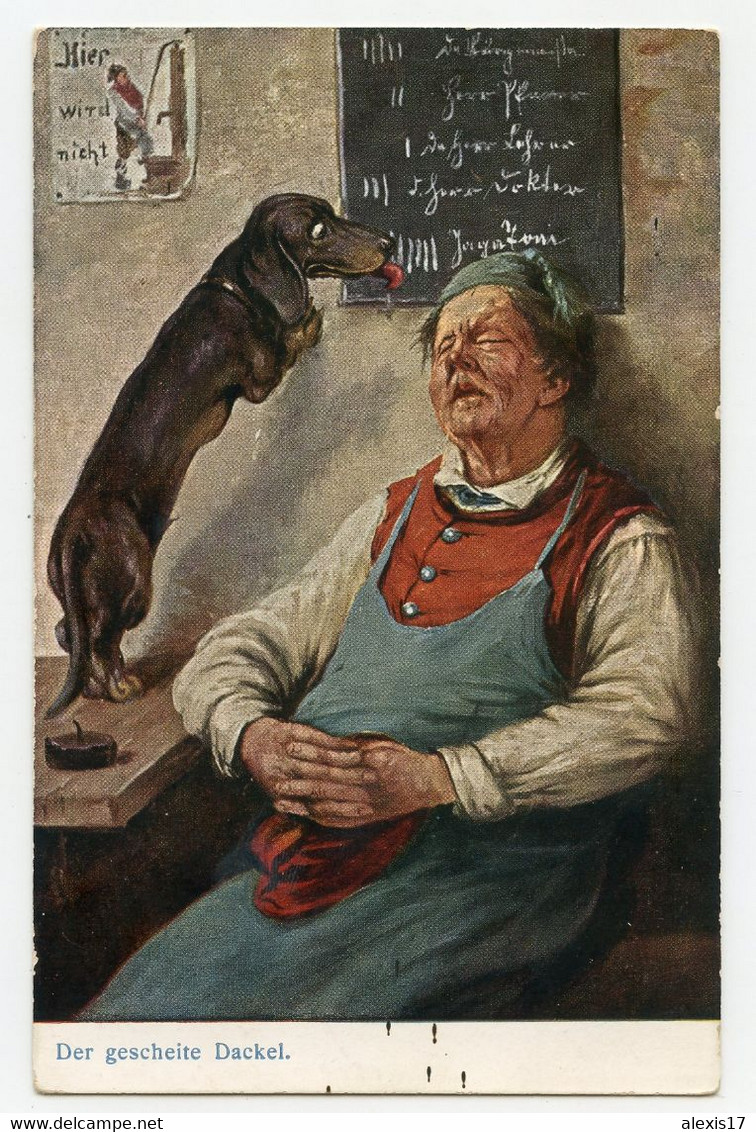 Humour. Der Gescheite Dactel. Chien Gourmand. Menu Au Tableau Du Restaurant. Teckel. Dachshund Dog - Cani