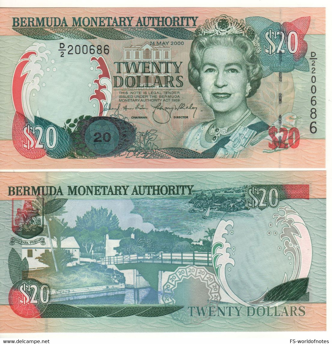 BERMUDA  20 Dollars P53A  Dated 24th Mat 2000  ( Queen Elizabeth II + Somerset Bridge At Back) - Bermudes