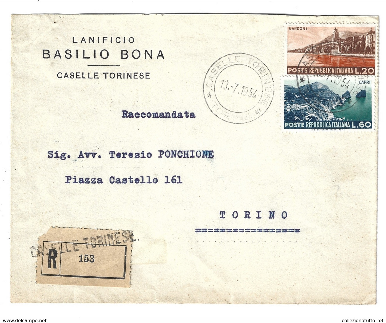 1954 Raccomandata "lanificio Bona" Da Caselle Torinese Per Torino. 60 + 20 Lire Turistica. Interessante Chiudilettera - 1946-60: Marcofilie