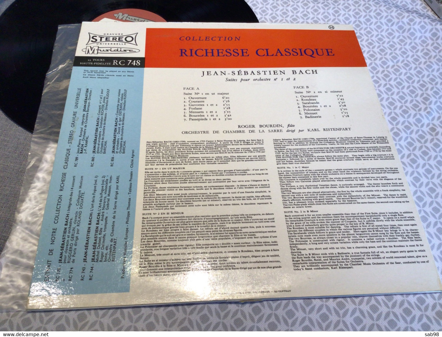 J.s.Bach Suite Pour Orchestre 1 Et 2 Roger Bourdin Orchestre De La Sarre Karl Ristenpart Stéréo Musidisc RC 748 - Collectors