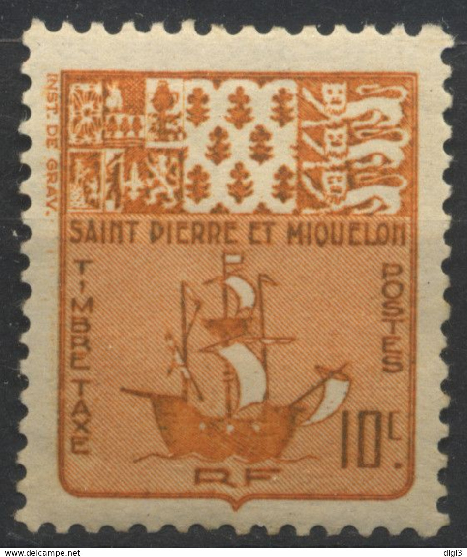 St.Pierre Et Miquelon, 1947, Timbre Taxe, Bateau De Pêche, 10 C., Neuf MH* - Strafport