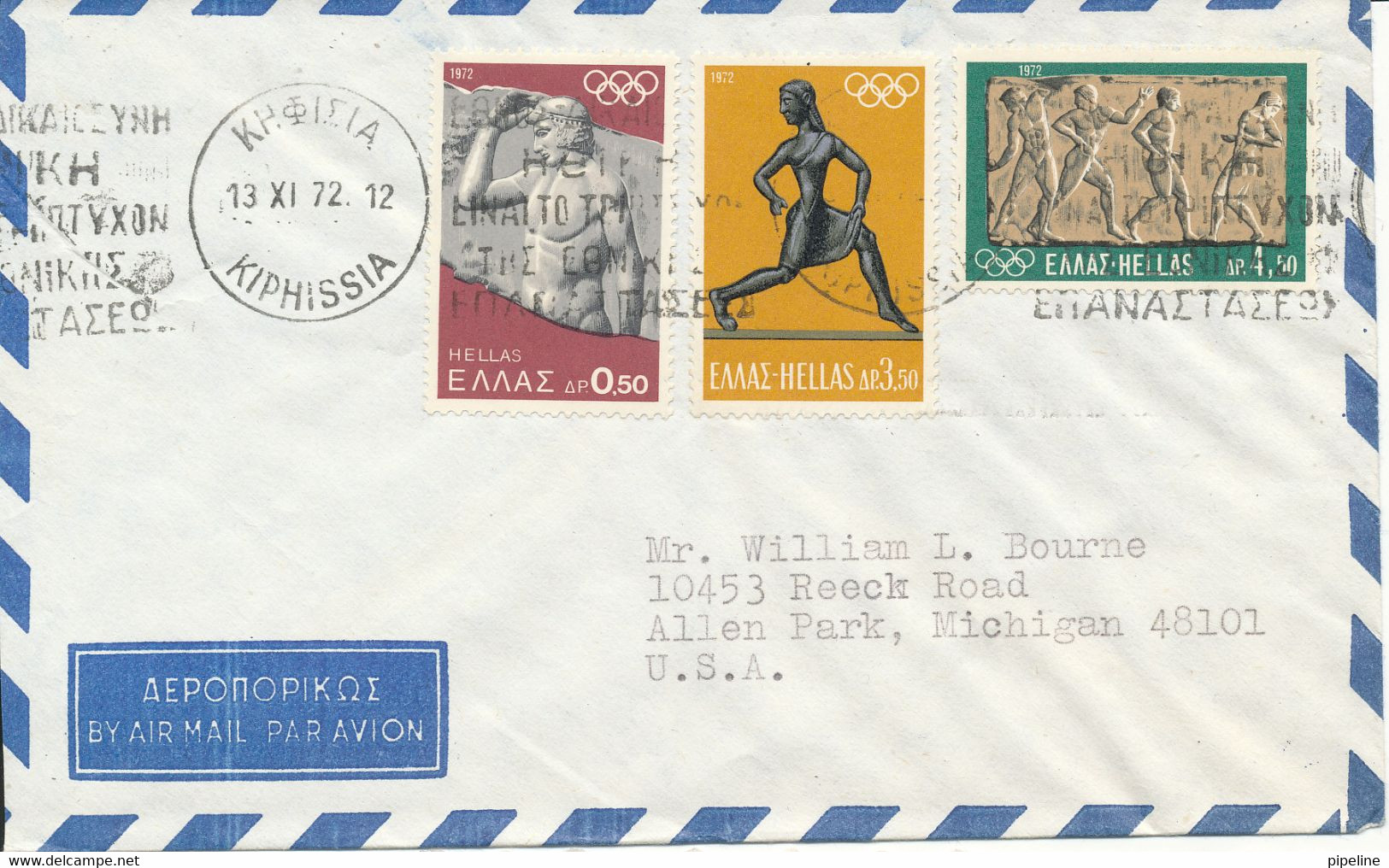 Greece Air Mail Cover Sent To USA 13-11-1972 - Covers & Documents