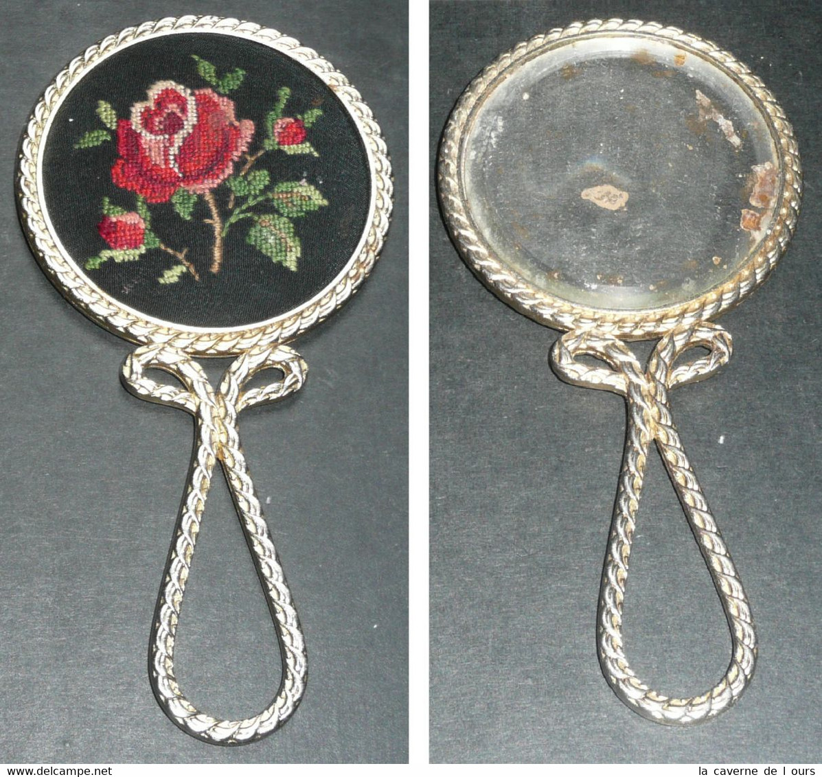 Rare Ancien Miroir De Poche Ou Sac, Face à Main En Métal Avec Verre Biseauté, Décor Brodé Broderie, Roses - Accessoires