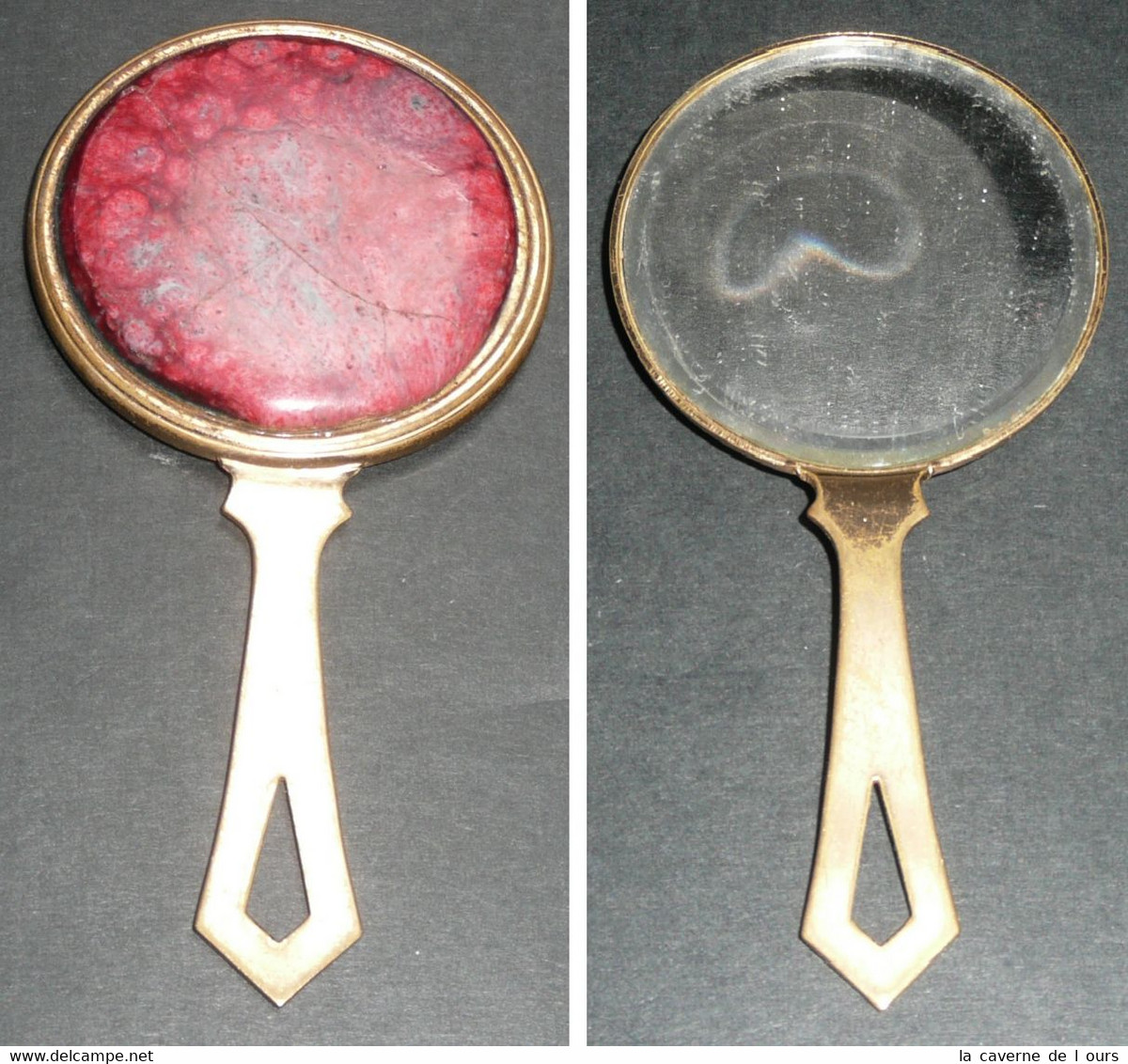 Rare Ancien Miroir De Poche Ou Sac, Face à Main En Métal Avec Verre Biseauté, Dos Marbre - Accessoires
