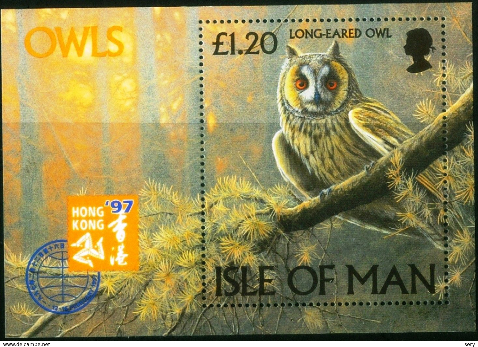 Isle Of Man 1997  SS  MNH  Birds Bird Oiseaux Oiseau Long-eared Owl - Hong Kong '97 Stamp Exhibition Owls - Gufi E Civette