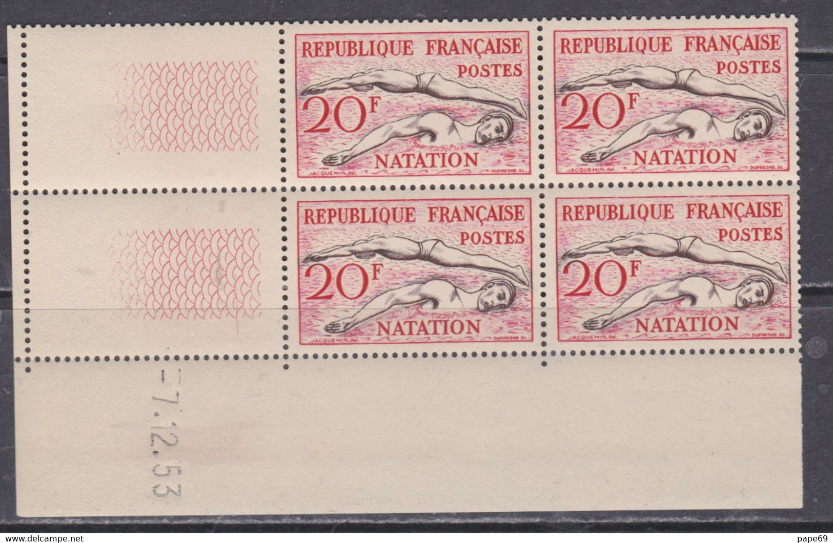 France N° 960 XX J. O. Helsinki : Natation En Bloc De 4 Coin Daté Du 7 . 12 . 53 ;   Sans Trait, Sans Charnière, TB - Ongebruikt