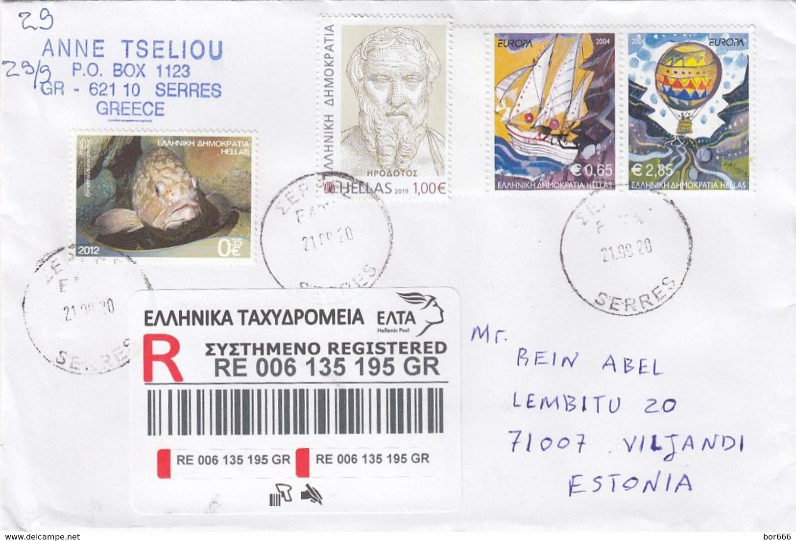GOOD GREECE " REGISTERED " Postal Cover To ESTONIA 2020 - Good Stamped: Persons ; Fish ; Europa - Cartas & Documentos