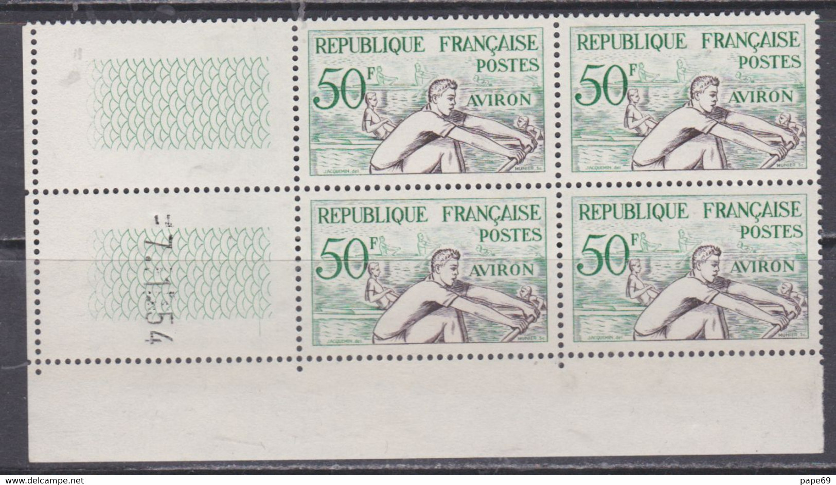 France N° 964 XX J. O. Helsinki : Aviron En Bloc De 4 Coin Daté Du 7 . 1 . 54 ;  1 Trait, Sans Charnière, TB - Unused Stamps