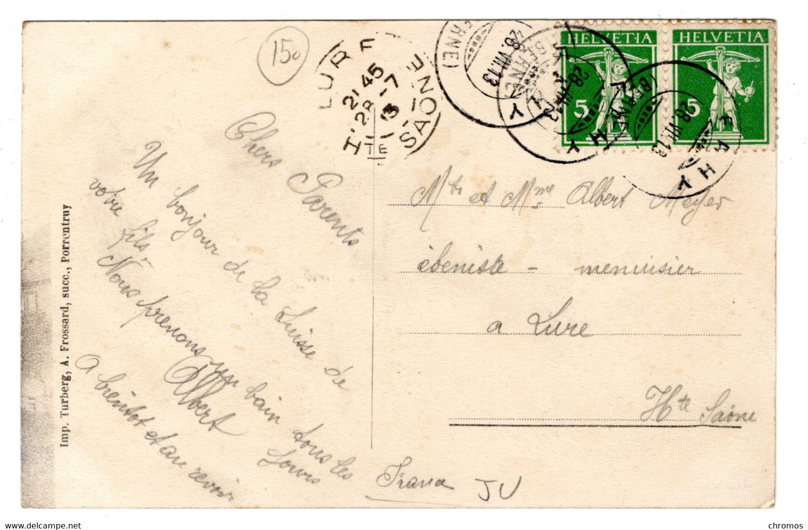 Carte Postale, Ct. Jura, Fahy, De L'année 1913 - Fahy