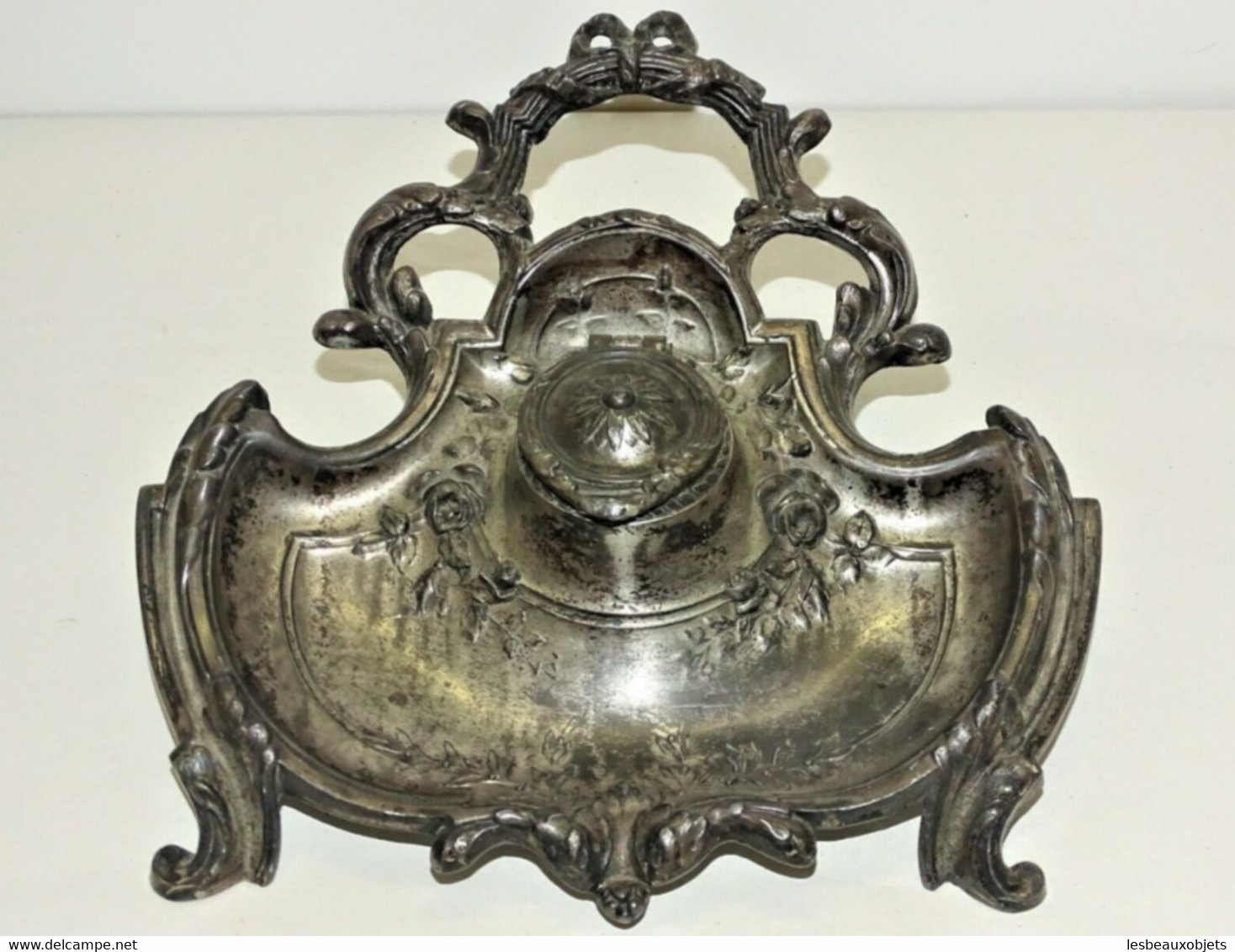 ANCIEN ENCRIER STYLE LOUIS XVI Régule Argenté Avec Son Godet Déco Bureau XXe - Inkwells