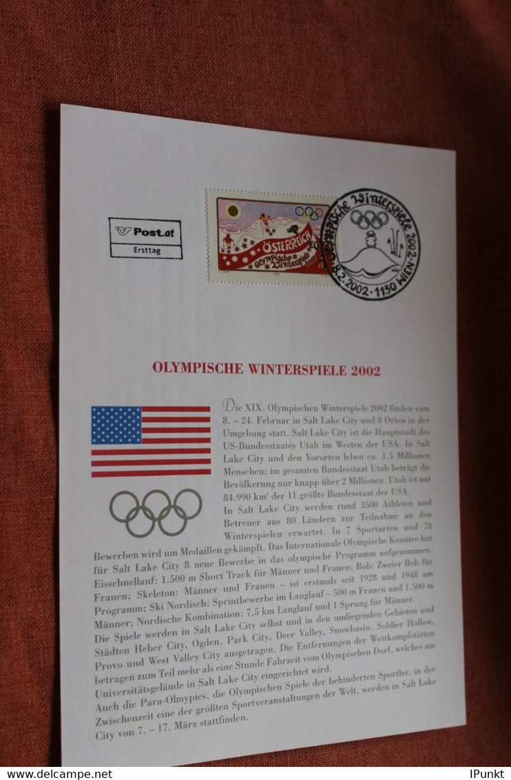 Österreich 2002, Ersttagsblatt: Olympische Winterspiele 2002 Salt Lake City - Hiver 2002: Salt Lake City