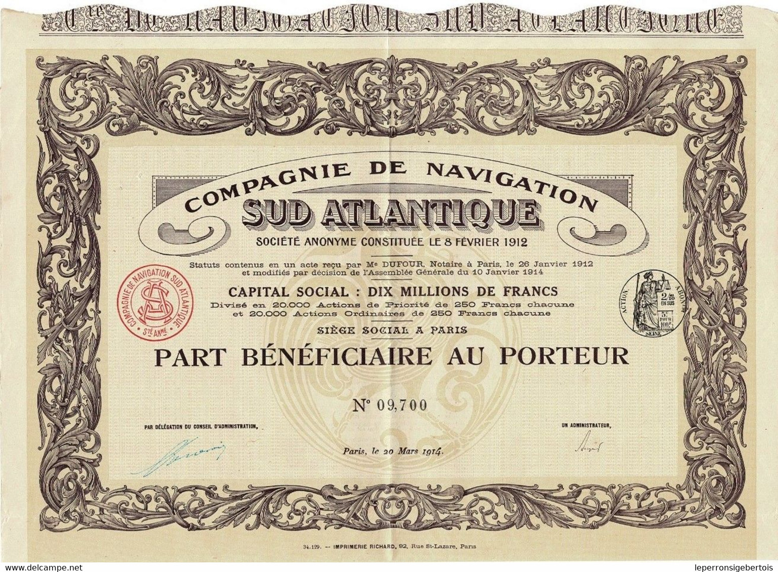 Titre Ancien - Compagnie De Navigation Sud Atlantique - Société Anonyme - Titre De 1914 - Imprimerie Richard - Navigazione