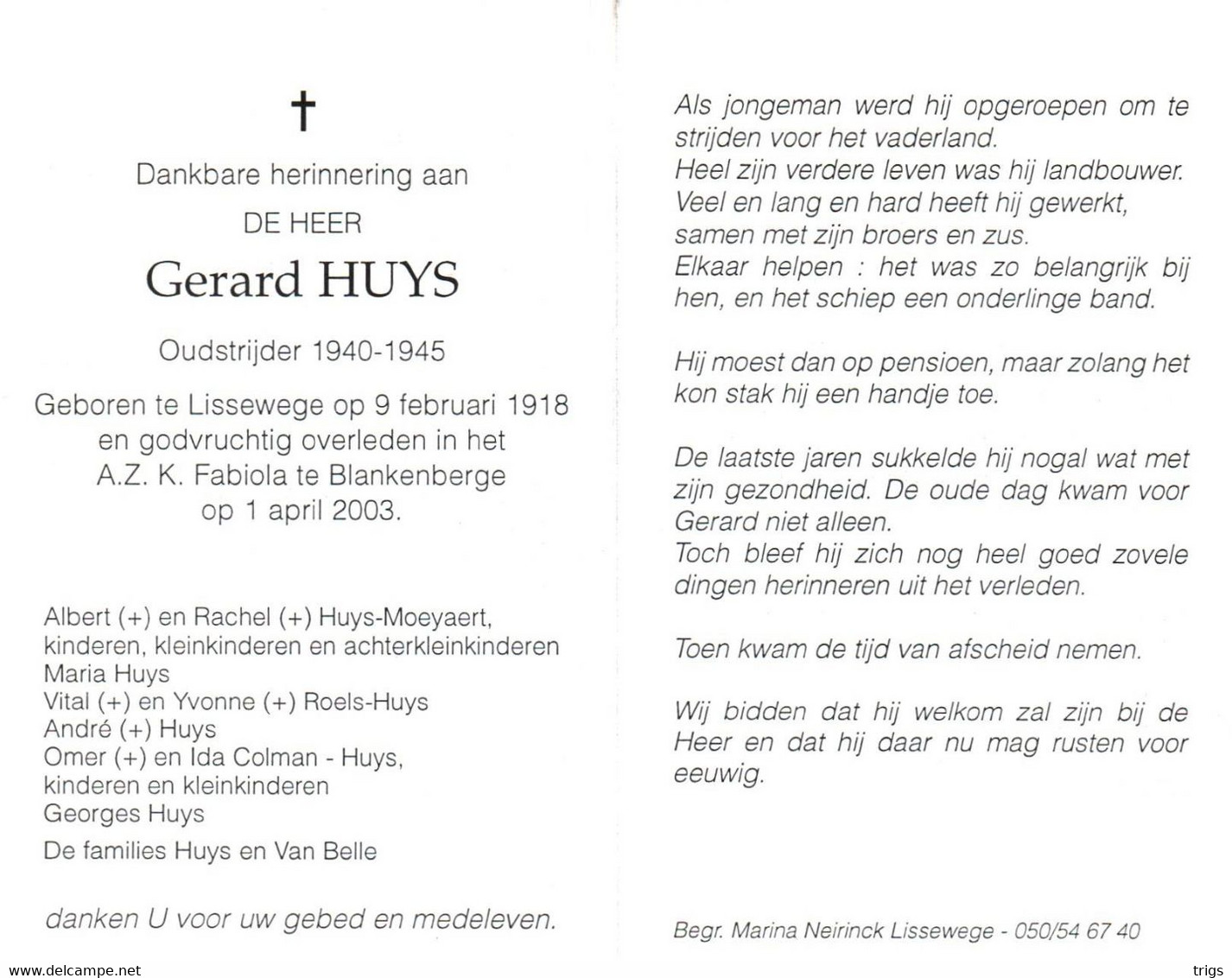 Gerard Huys (1918-2003) ~ Oudstrijder (1940-1945) - Devotion Images