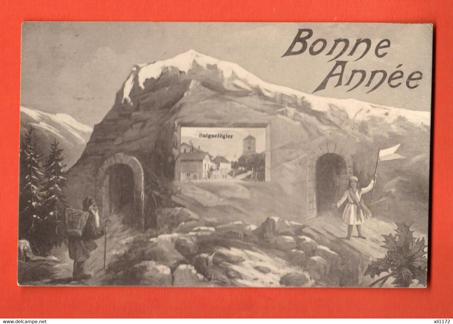 FBA-04 RARE Carte Bonne Année à Saignelégier Avec Père Noël Editeur Guimaitre,circ. 1910 Vers Vacheries Breuleux - Les Breuleux