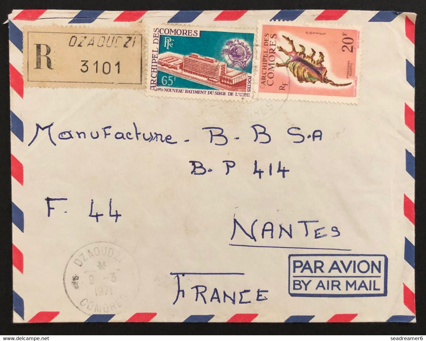 Lettre Recommandée Des Comores Oblitéré De Dzaoudzi Avec N°23 & 57 Pour Nantes TTB - Storia Postale