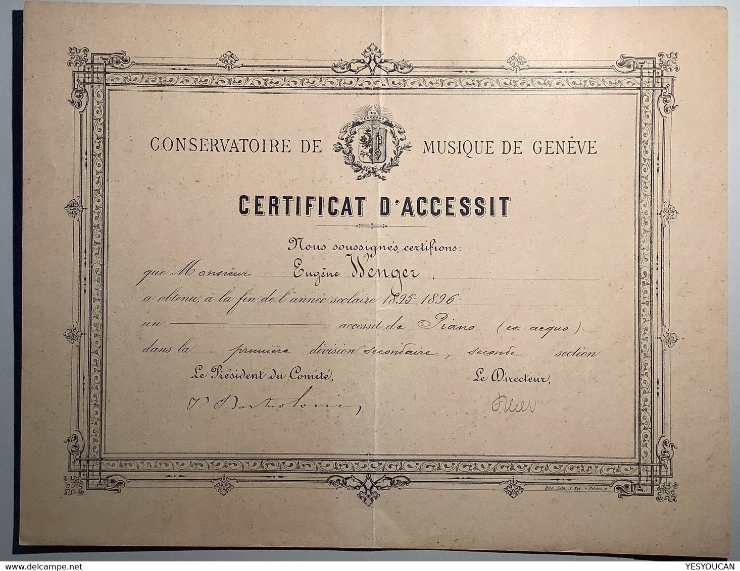 CONSERVATOIRE DE MUSIQUE DE GENÈVE Certificat D’ Accessit 1896: Wenger(Schweiz Suisse Music Diploma Piano F. Liszt - Diplômes & Bulletins Scolaires