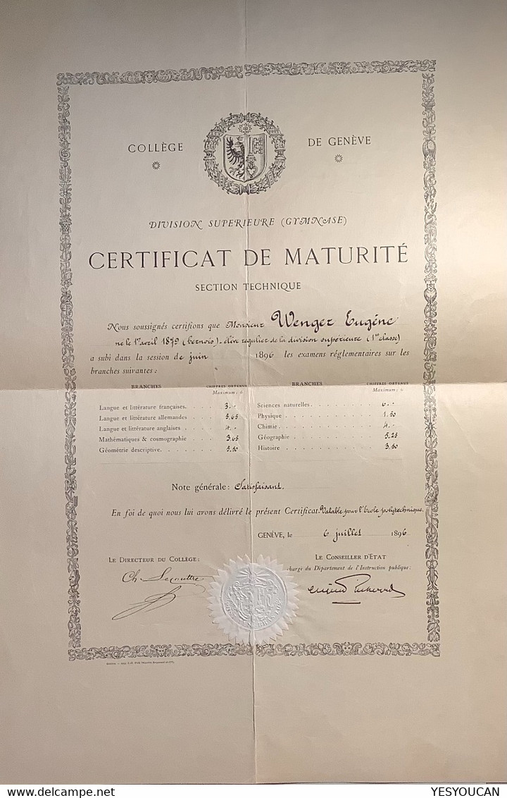 Certificat Collège De Genève 1896: Eugéne Wenger (Schweiz Suisse Scolaire School Schule Diplome Diploma Diplom - Diplômes & Bulletins Scolaires