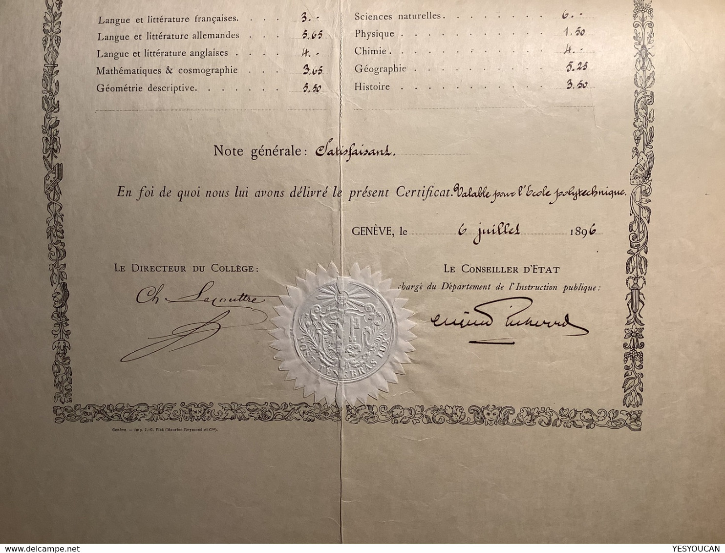 Certificat Collège De Genève 1896: Eugéne Wenger (Schweiz Suisse Scolaire School Schule Diplome Diploma Diplom - Diplome Und Schulzeugnisse