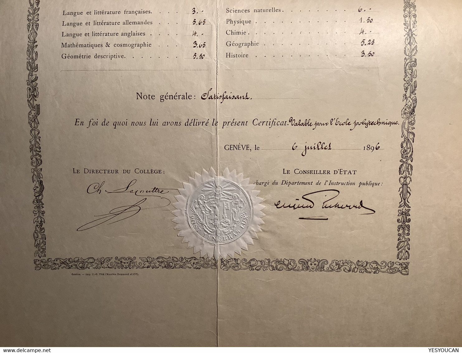 Certificat Collège De Genève 1896: Eugéne Wenger (Schweiz Suisse Scolaire School Schule Diplome Diploma Diplom - Diplômes & Bulletins Scolaires