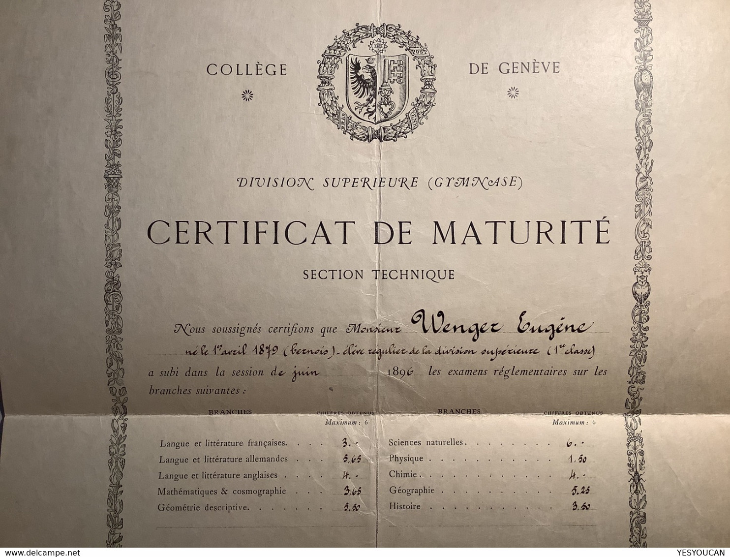 Certificat Collège De Genève 1896: Eugéne Wenger (Schweiz Suisse Scolaire School Schule Diplome Diploma Diplom - Diplômes & Bulletins Scolaires