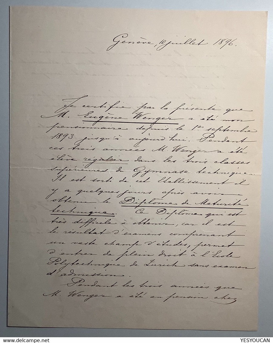 Certificat Gymnase De Genève 1896: Eugéne Wenger (Schweiz Suisse Scolaire Schule Diplome Ingénieur école Polytechnique - Diplômes & Bulletins Scolaires