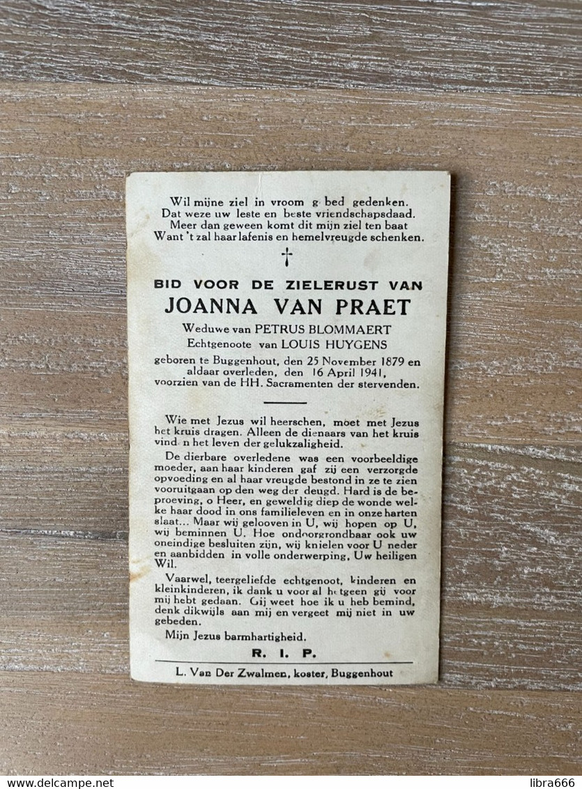 VAN PRAET Joanna °BUGGENHOUT 1879 +BUGGENHOUT 1941 (BLOMMAERT - HUYGENS) - Obituary Notices