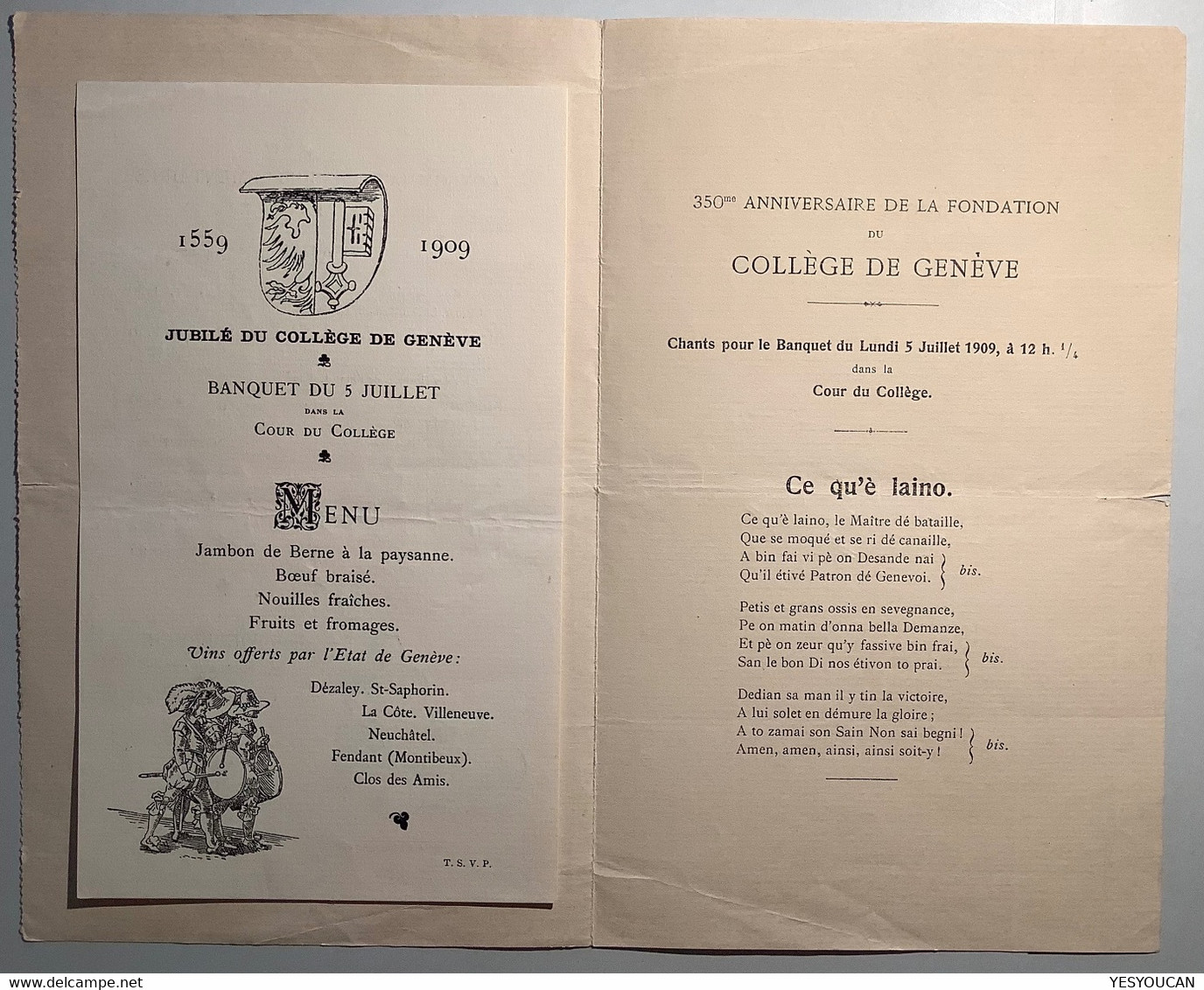 Jubilé Du Collége De Genève 1559-1909 Carte Du Menu Du Banquet Jean Wiederkehr Restaurateur (Schweiz Suisse école - Diplome Und Schulzeugnisse