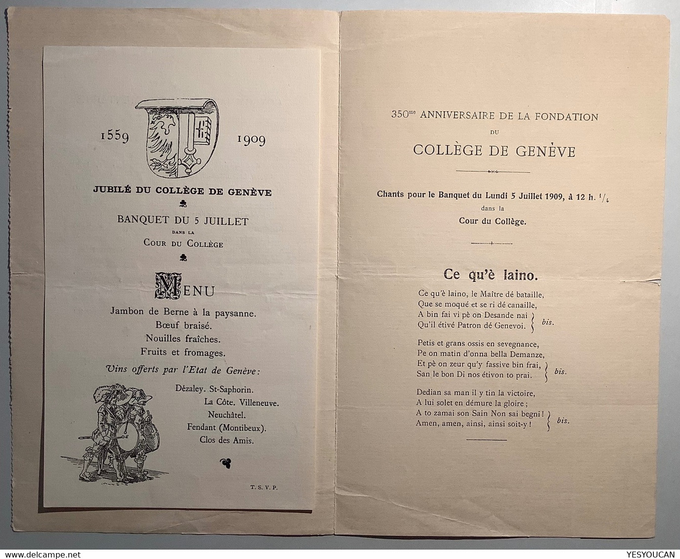 Jubilé Du Collége De Genève 1559-1909 Carte Du Menu Du Banquet Jean Wiederkehr Restaurateur (Schweiz Suisse école - Diploma's En Schoolrapporten