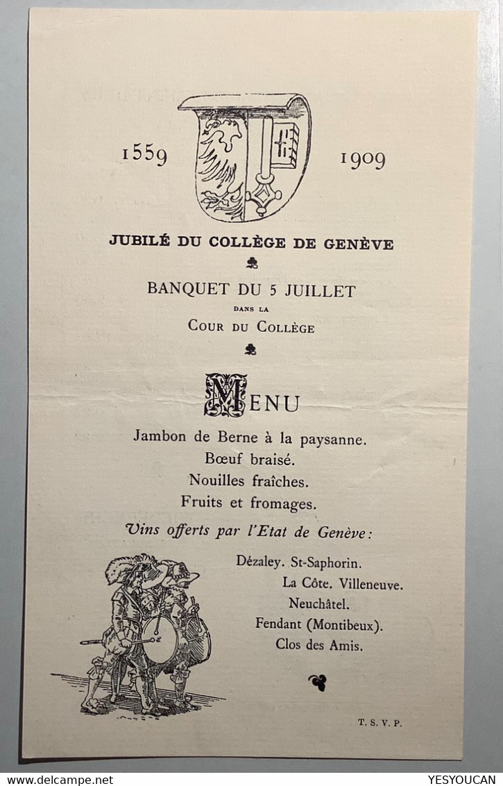 Jubilé Du Collége De Genève 1559-1909 Carte Du Menu Du Banquet Jean Wiederkehr Restaurateur (Schweiz Suisse école - Diploma's En Schoolrapporten