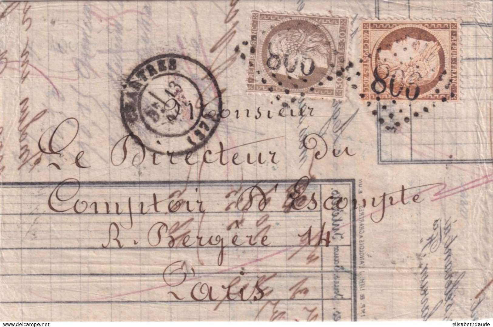 1874 - MIXTE CERES / SIEGE - LETTRE 3° ECH (TARIF 70c) De CHARTRES (EURE ET LOIR) => PARIS - 1870 Siège De Paris