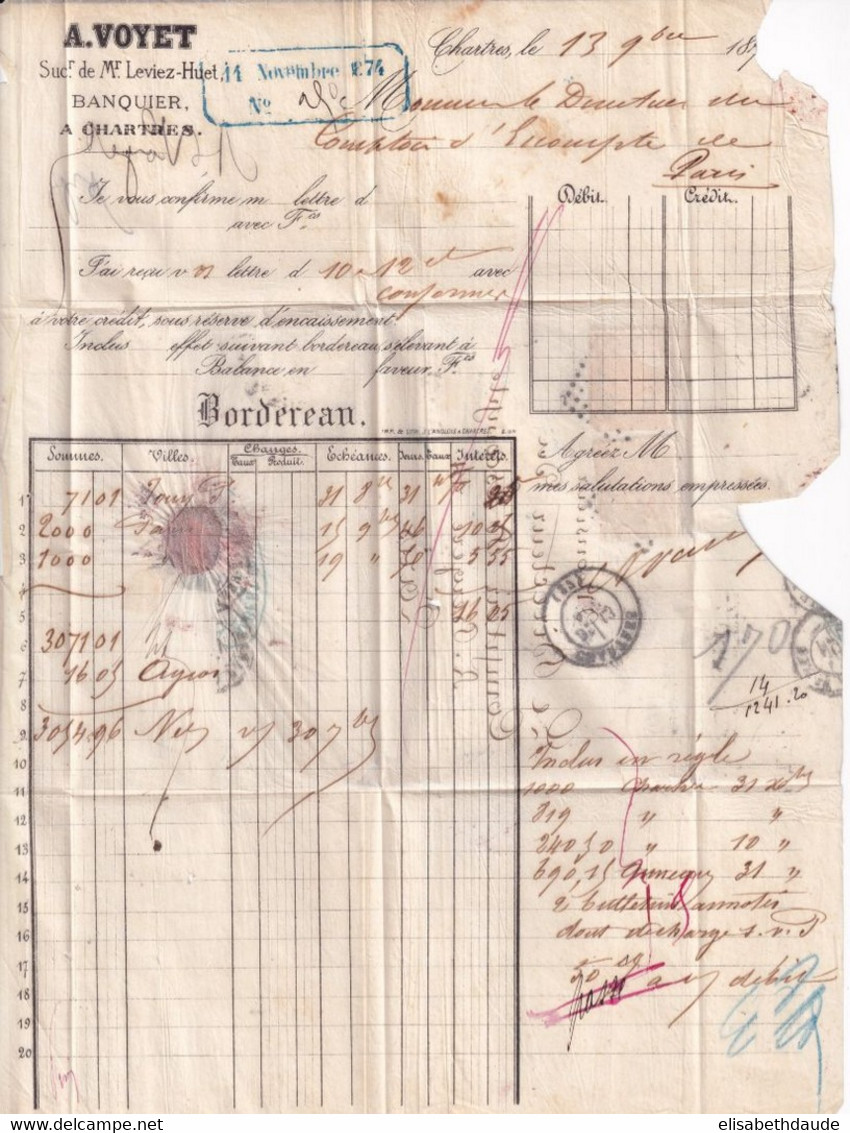 1874 - MIXTE CERES / SIEGE - LETTRE 3° ECH (TARIF 70c) De CHARTRES (EURE ET LOIR) => PARIS - 1870 Assedio Di Parigi