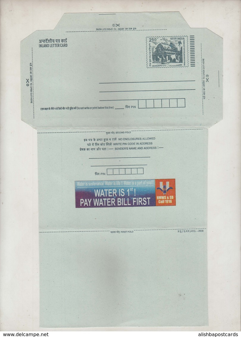 India Unused Inland Letter, Rock Cut Rathas Tap Water Sustenance Life Water Bill Frist Bill , Inde, Indien - Inland Letter Cards