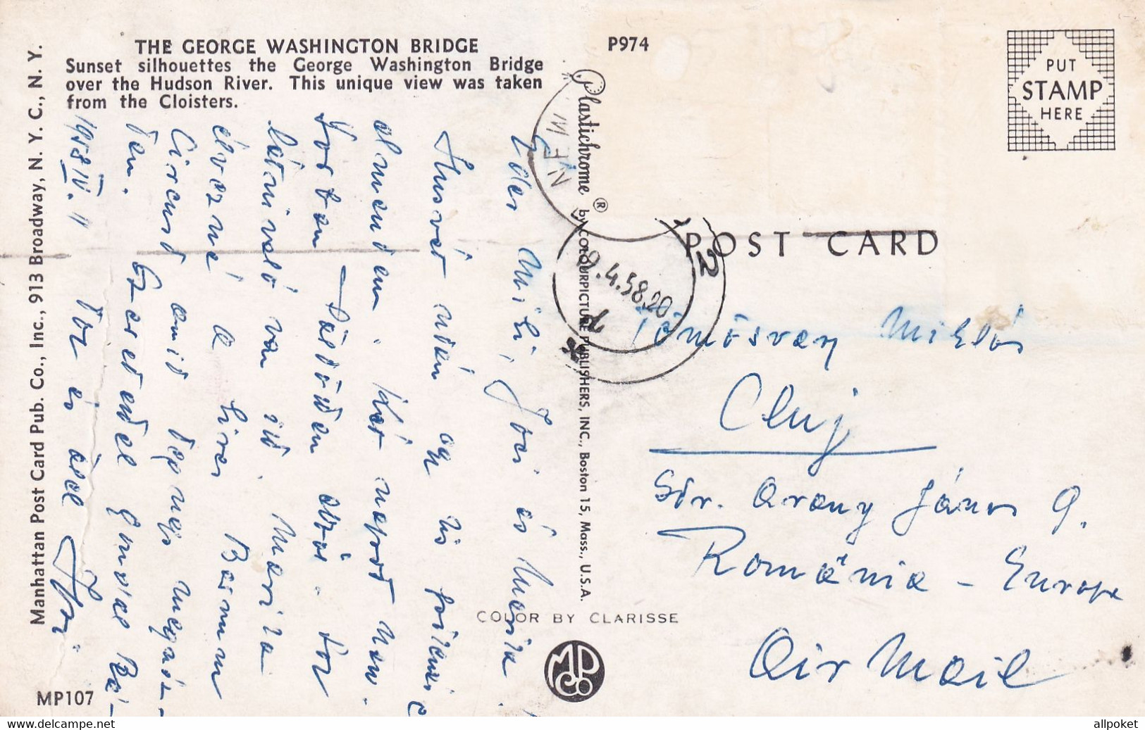 A13392-THE GEORGE WASHINGTON BRIDGE NEW YORK CITY 1958 USA USED STAMP SENT TO CLUJ ROMANIA POSTCARD - Ponts & Tunnels